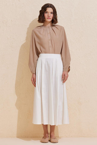 Pleated Cotton Linen Skirt Ecru