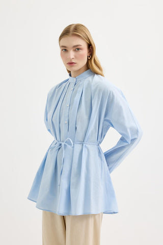 Pleated Oversized Linen Shirt Light Blue