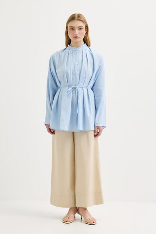 Pleated Oversized Linen Shirt Light Blue