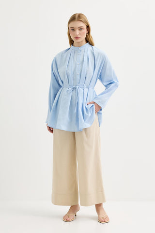Pleated Oversized Linen Shirt Light Blue