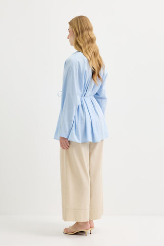 Pleated Oversized Linen Shirt Light Blue
