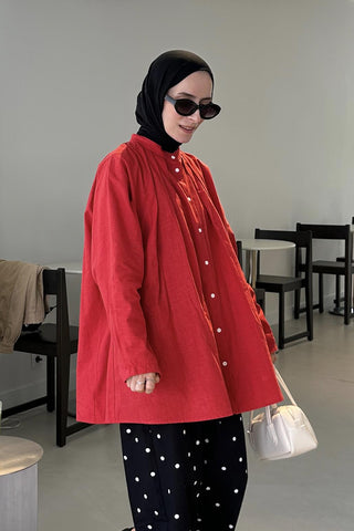 Pleated Oversized Linen Shirt Poppy Red