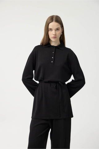 Polo Collar Knit Tunic and Trousers Set Black