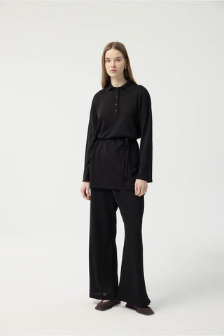 Polo Collar Knit Tunic and Trousers Set Black