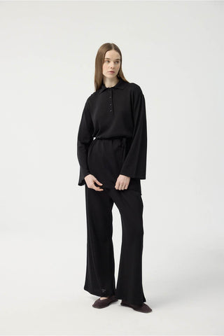 Polo Collar Knit Tunic and Trousers Set Black