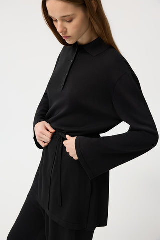 Polo Collar Knit Tunic and Trousers Set Black