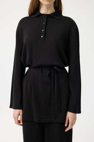 Polo Collar Knit Tunic and Trousers Set Black