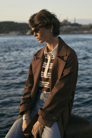 Polo Collar Striped Sweatshirt Ecru