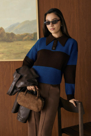 Polo Neck Two Tone Knit Sweater Brown