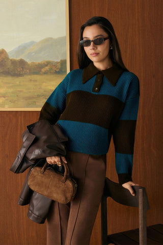 Polo Neck Two Tone Knit Sweater Brown