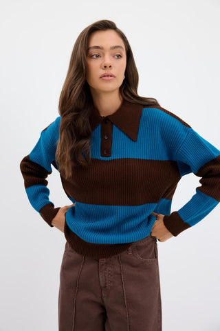 Polo Neck Two Tone Knit Sweater Brown