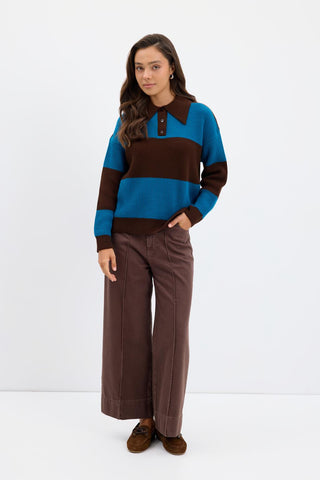 Polo Neck Two Tone Knit Sweater Brown