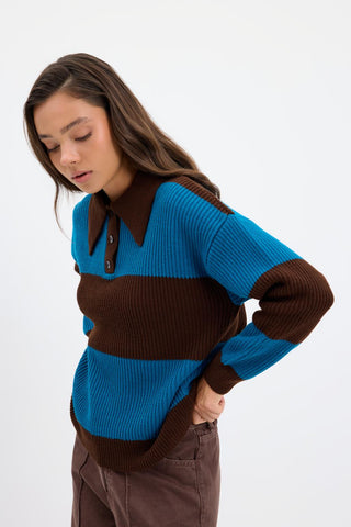 Polo Neck Two Tone Knit Sweater Brown