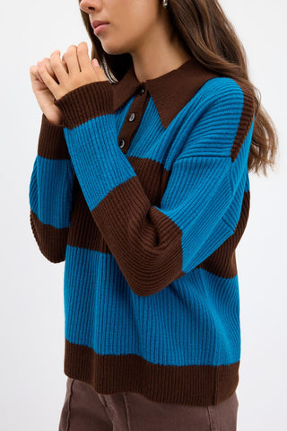 Polo Neck Two Tone Knit Sweater Brown