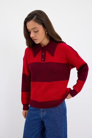 Polo Neck Two Tone Knit Sweater Burgundy