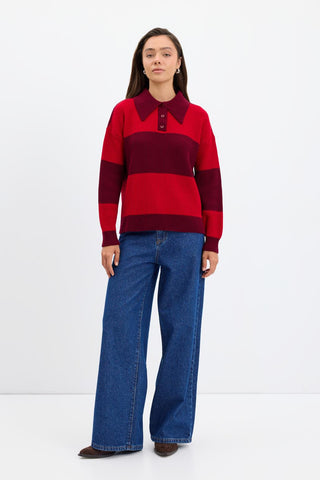 Polo Neck Two Tone Knit Sweater Burgundy