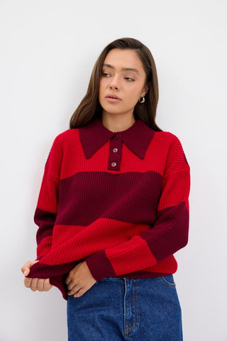 Polo Neck Two Tone Knit Sweater Burgundy
