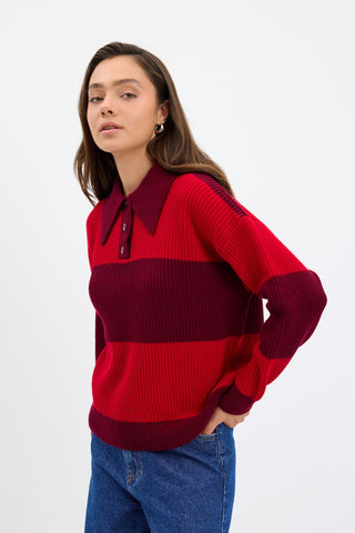 Polo Neck Two Tone Knit Sweater Burgundy