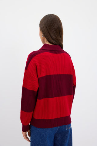 Polo Neck Two Tone Knit Sweater Burgundy