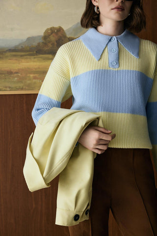 Polo Neck Two Tone Knit Sweater Light Blue