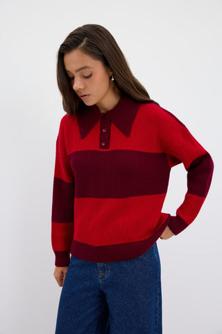 Polo Neck Two Tone Knit Sweater Burgundy