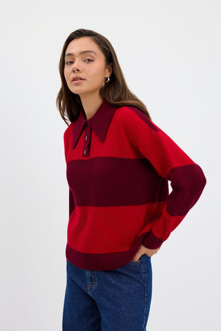 Polo Neck Two Tone Knit Sweater Burgundy
