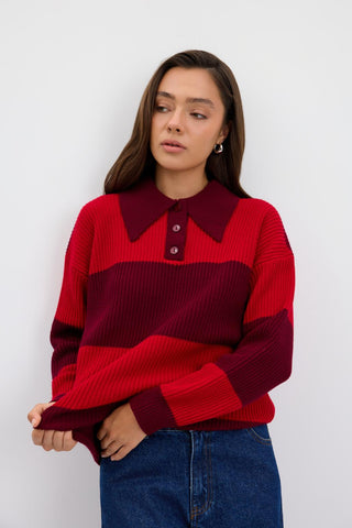 Polo Neck Two Tone Knit Sweater Burgundy