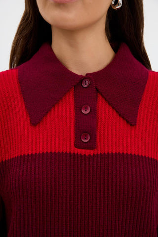 Polo Neck Two Tone Knit Sweater Burgundy