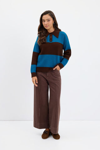 Polo Neck Two Tone Knit Sweater Brown