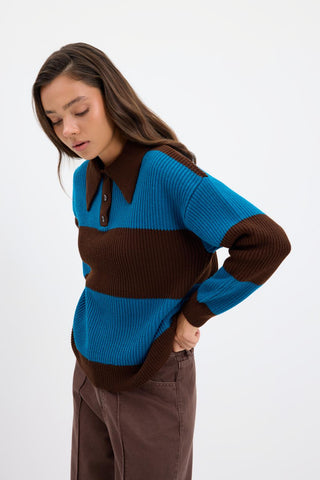 Polo Neck Two Tone Knit Sweater Brown