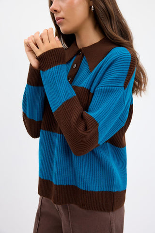 Polo Neck Two Tone Knit Sweater Brown