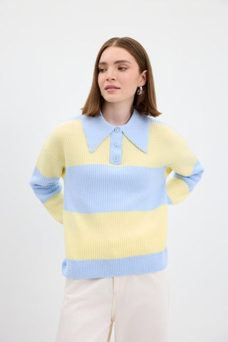 Polo Neck Two Tone Knit Sweater Light Blue
