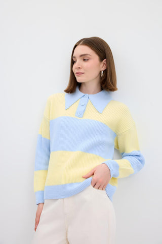 Polo Neck Two Tone Knit Sweater Light Blue