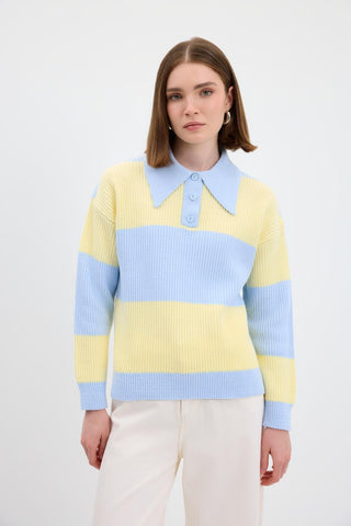 Polo Neck Two Tone Knit Sweater Light Blue