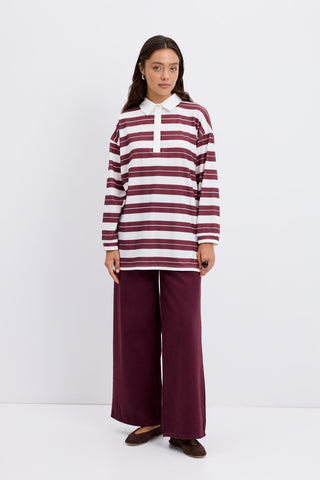 Polo Collar Striped Sweatshirt Burgundy
