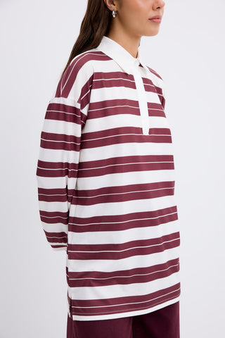 Polo Collar Striped Sweatshirt Burgundy