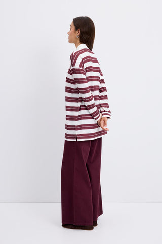 Polo Collar Striped Sweatshirt Burgundy