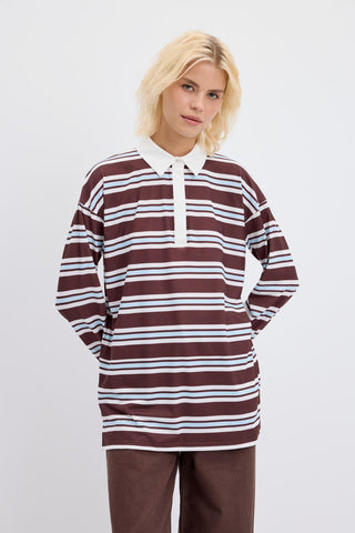 Polo Collar Striped Sweatshirt Ecru