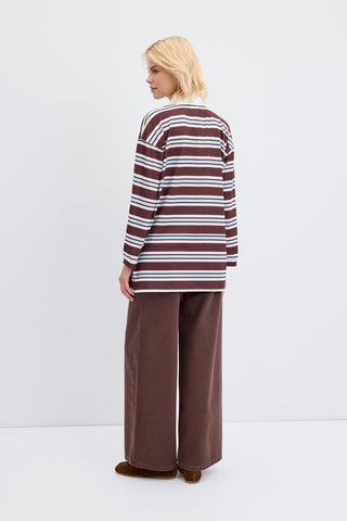 Polo Collar Striped Sweatshirt Ecru