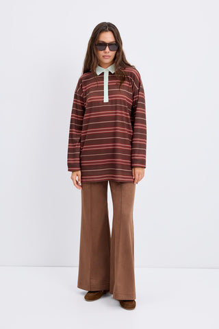 Polo Collar Striped Sweatshirt Brown