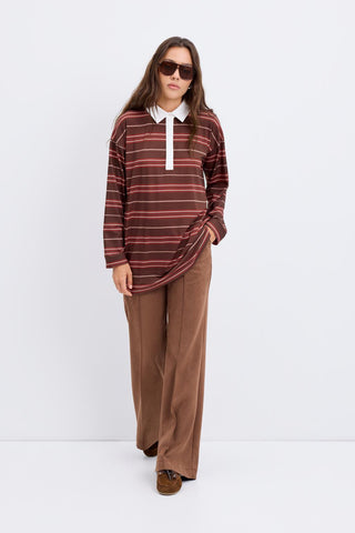 Polo Collar Striped Sweatshirt Brown