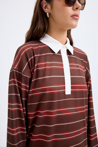 Polo Collar Striped Sweatshirt Brown