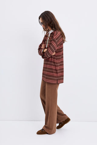 Polo Collar Striped Sweatshirt Brown