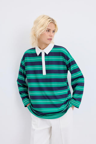 Polo Collar Striped Sweatshirt Navy Blue