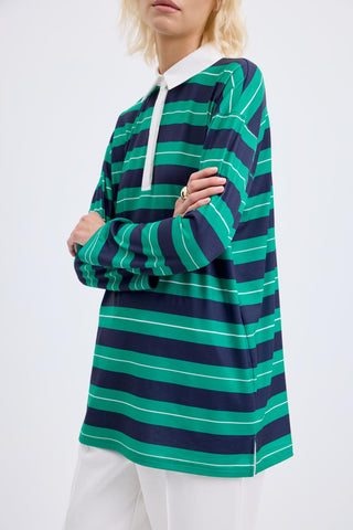 Polo Collar Striped Sweatshirt Navy Blue