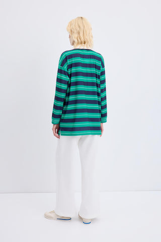 Polo Collar Striped Sweatshirt Navy Blue