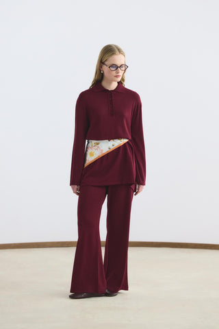 Polo Collar Knit Tunic and Trousers Set Burgundy