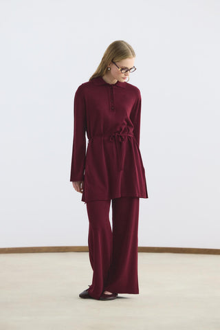 Polo Collar Knit Tunic and Trousers Set Burgundy