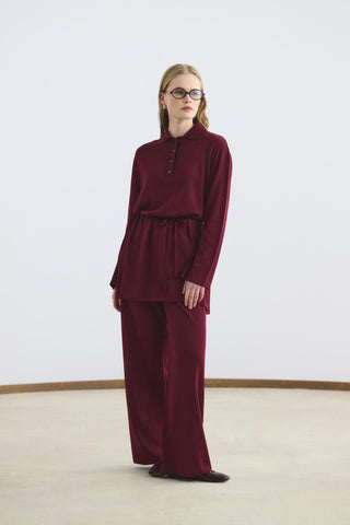 Polo Collar Knit Tunic and Trousers Set Burgundy