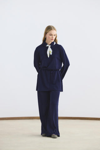Polo Collar Knit Tunic and Trousers Set Navy